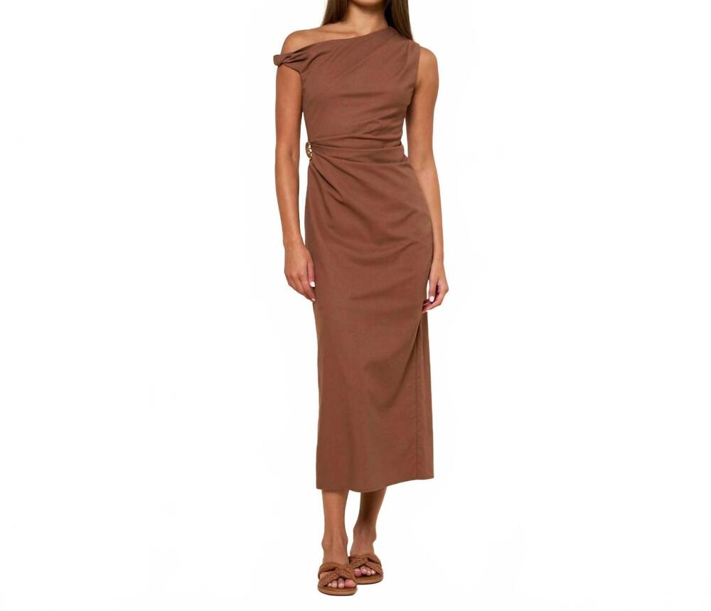 NEW LALAVON asymmetrical midi dress with golden charm in chocolate